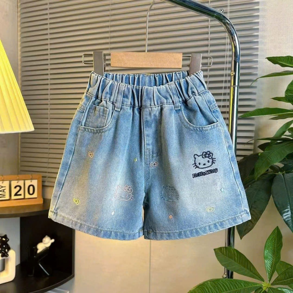QUẦN SHORT JEAN LƯNG CHUN XẾP LY HỌA TIẾT XIÊU XINH CHO BÉ GÁI