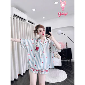 Đồ mặc nhà nữ áo tay ngắn quần đùi form cánh dơi hoạ tiết sang chảnh chất lụa mềm mịn mát