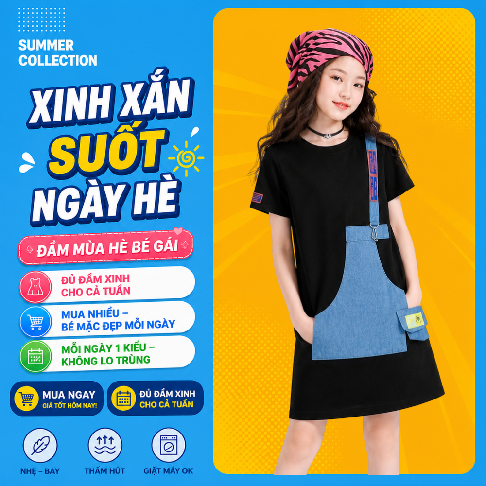Váy Bé Gái Mùa Hè Cotton Mềm Mát – Đầm Suông Phối Túi Yếm Cá Tính Cho Bé B219 | JJ Kids Fashion