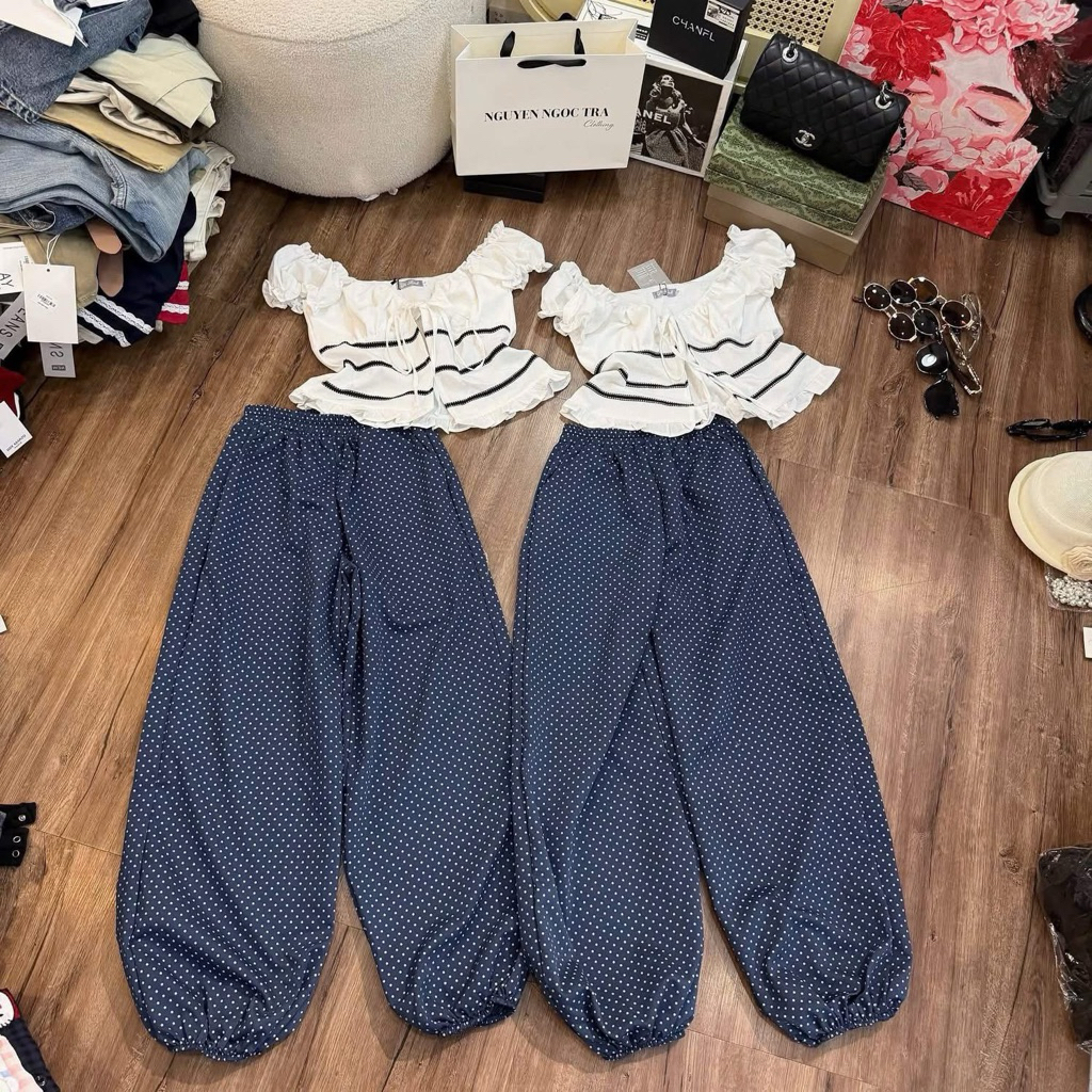 Set Nữ Áo Bèo Nhún Cột Dây + Quần Ống Rộng Chấm Bi – Set Nàng Thơ Thanh Lịch Dễ Thương