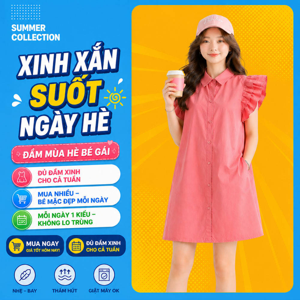 Váy Bé Gái Mùa Hè Cotton Mềm Mát – Đầm Suông Tay Bèo Thời Trang Cho Bé B287 | JJ Kids Fashion