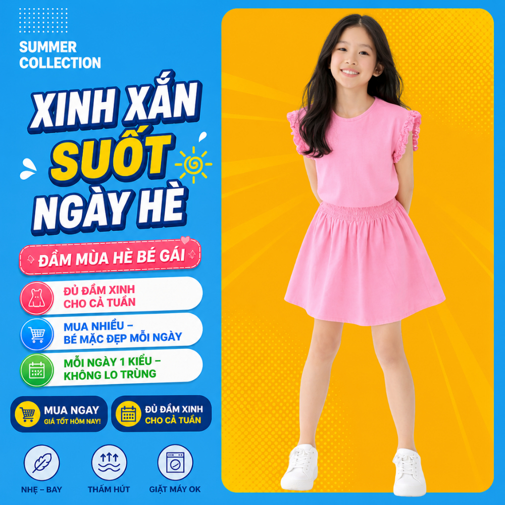 Váy Bé Gái Mùa Hè Cotton Mềm Mát – Đầm Xòe Tay Bèo Nữ Tính Cho Bé B362 | JJ Kids Fashion