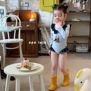 Đồ bơi thỏ bé gái bộ bikini dài tay cho bé gái hình thỏ đáng yêu chất cotton co giãn