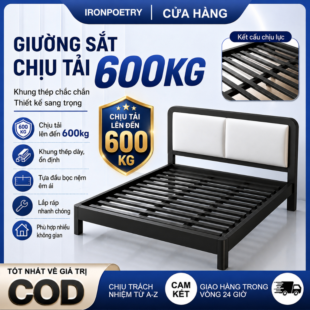 IRONPO Giường sắt siêu chịu lực 600kg Khung giường phòng ngủ dày dặn không rung lắc đủ size