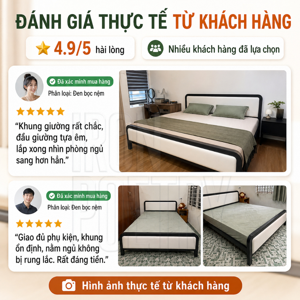 IRONPO Giường sắt siêu chịu lực 600kg Khung giường phòng ngủ dày dặn không rung lắc đủ size