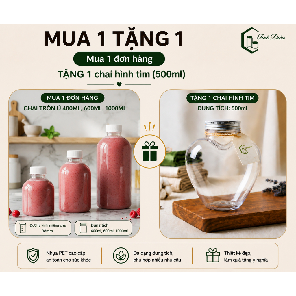 [Sỉ Tận Xưởng] Set 25 Chai Nhựa PET Tròn Trong Dày 400/600/1000ml Nắp Vặn Đựng Trà Sữa Nước Ép Cafe