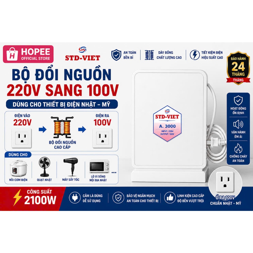 Bộ đổi nguồn 1000VA,1500VA,2000VA,3000VA- Biến áp tự ngẫu nguồn vào 220v ra 100V bảo hành 24 tháng lỗi đổi mới