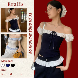 ERALIS - Áo Thun Zip Co Giãn Cổ Vuông Form Trễ Vai Mặc Được Nhiều Kiểu Thắt Nơ Phía Trước Tay Bồng Siu Hot Top Women P03