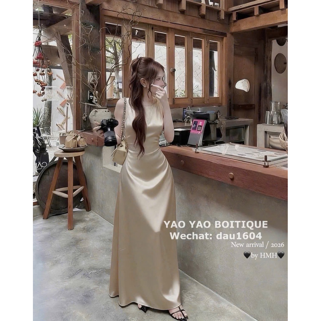 Đầm lụa cổ yếm dáng dài Hàn Châu không mút ngực phù hợp đi chơi đi dạo phố