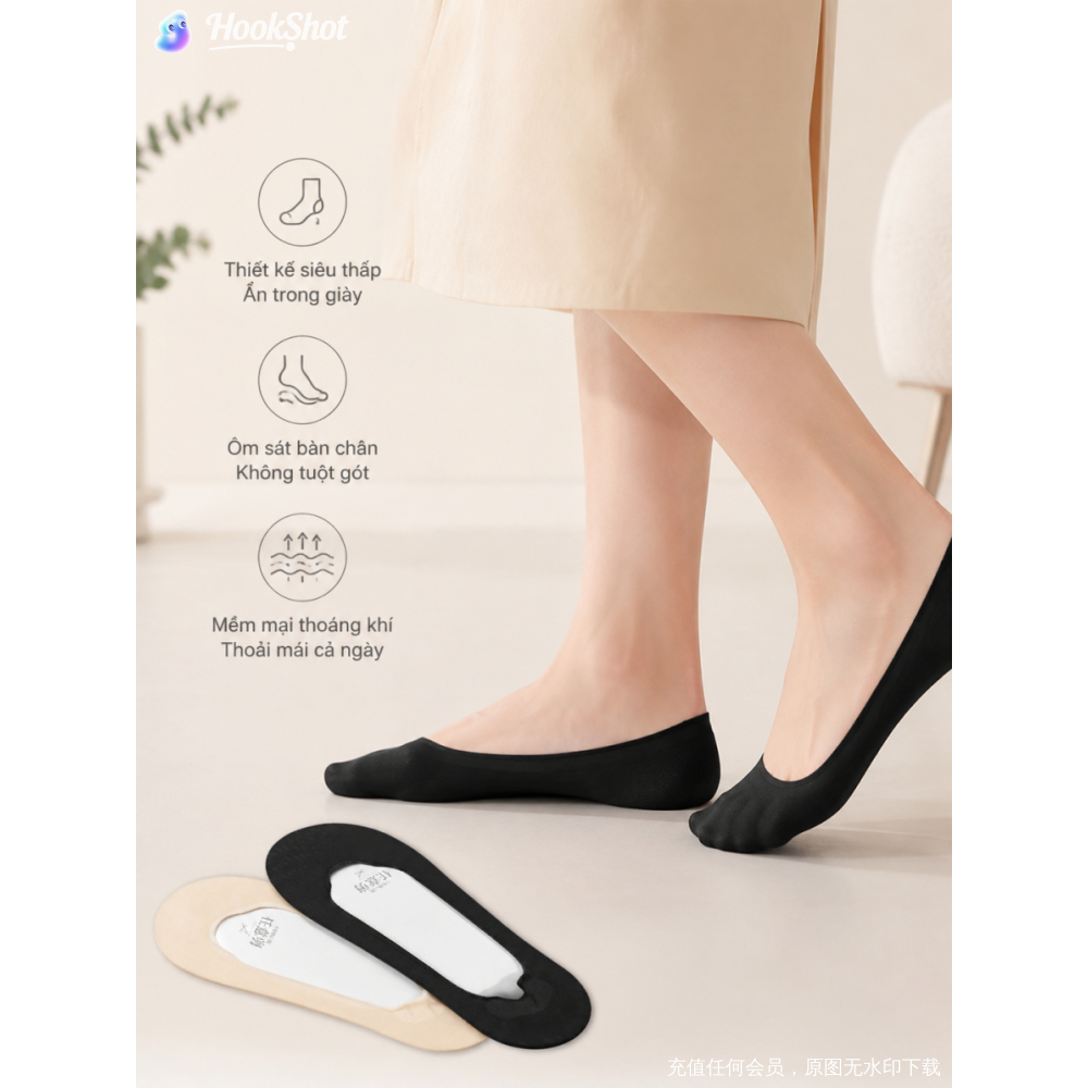 Vớ thuyền nữ 5 đôi 10 đôi, không rơi gót chống trượt, mùa hè mỏng lụa băng, thoáng khí vô hình