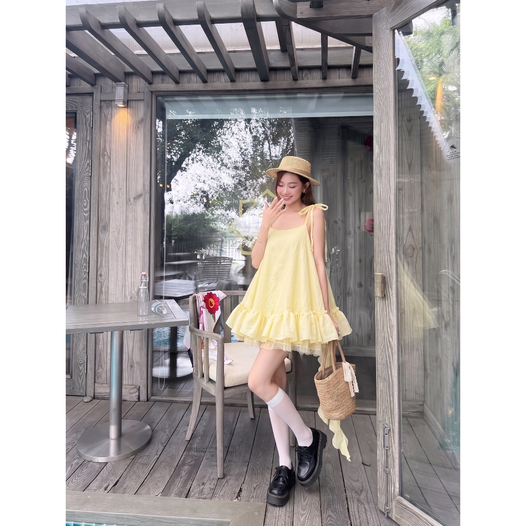 P346 - Đầm babydoll 2 dây dáng xòe kèm tua rua phối tầng bèo xinh xắn
