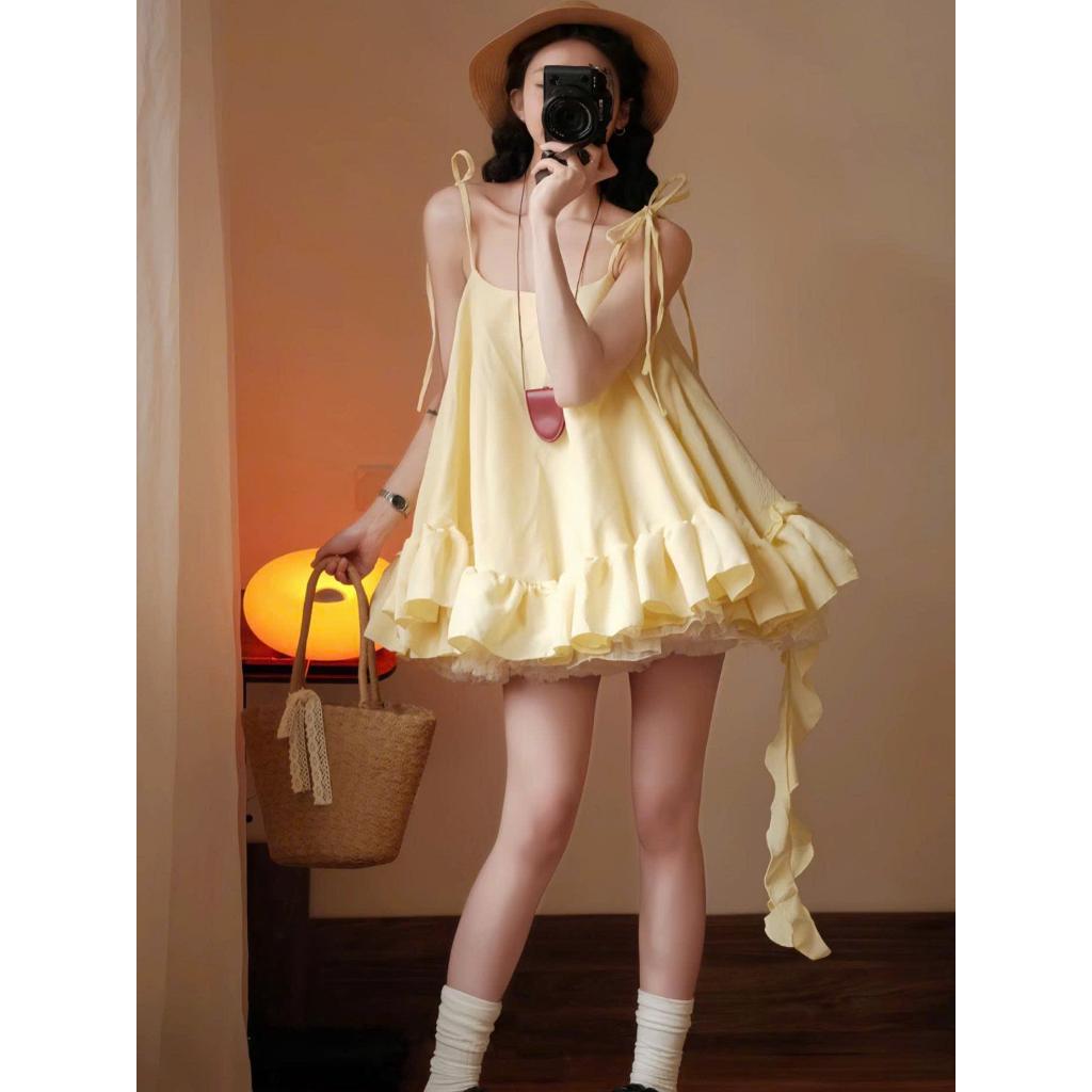P346 - Đầm babydoll 2 dây dáng xòe kèm tua rua phối tầng bèo xinh xắn
