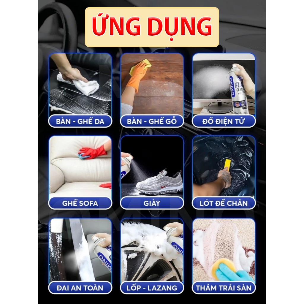 Chai vệ sinh nội thất xe ô tô OMINO M002 làm sạch nội thất, trần nỉ, bề mặt nhựa nhám và vệ sinh ghế da ô tô