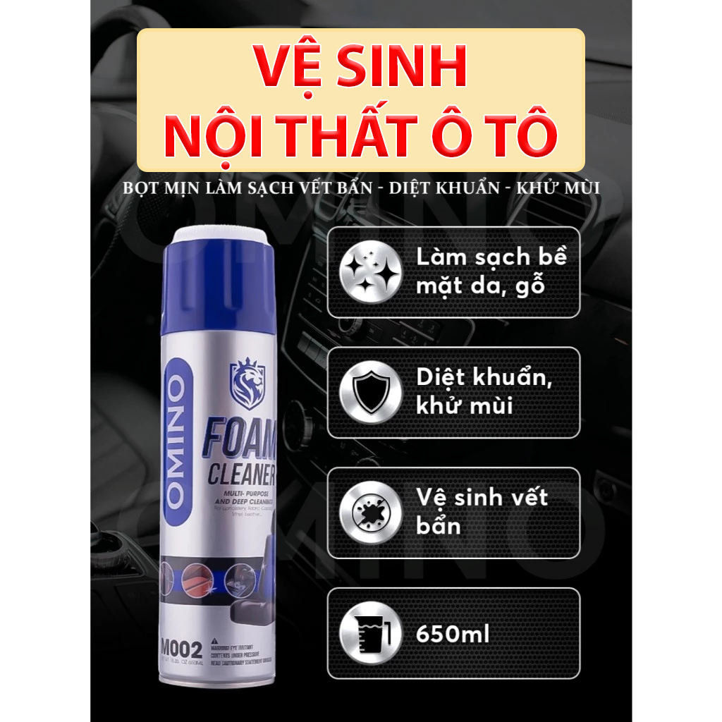 Chai vệ sinh nội thất xe ô tô OMINO M002 làm sạch nội thất, trần nỉ, bề mặt nhựa nhám và vệ sinh ghế da ô tô