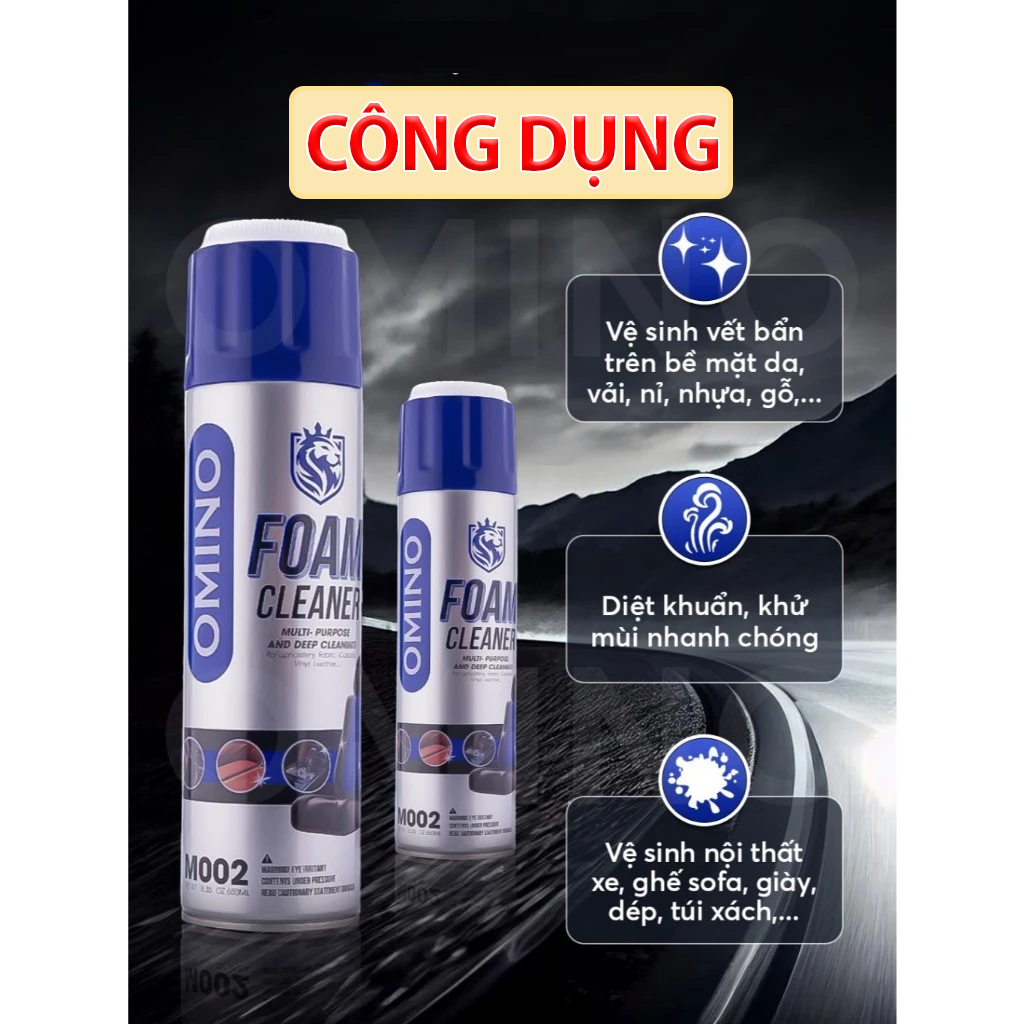 Chai vệ sinh nội thất xe ô tô OMINO M002 làm sạch nội thất, trần nỉ, bề mặt nhựa nhám và vệ sinh ghế da ô tô