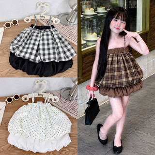 (Hàng có sẵn )Sét áo 2 dây kẻ kèm bell đai mix váy bí bồng xoè sang chảnh cho bé gái
