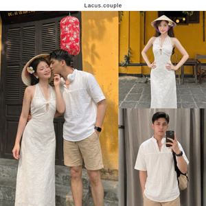 Set đồ đôi couple nam nữ Váy nữ body trắng ren hoa dáng dài Áo sơ mi nam đũi đi biển đi chơi LACUS COUPLE
