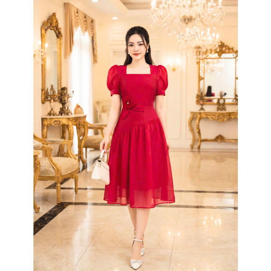Váy Dự Tiệc Trung Niên Bigsize - Đầm Dự Tiệc Đi Ăn Cưới Thiết Kế Sang Trọng Cổ Vuông Tay Bồng Eo Đính Bông TK47