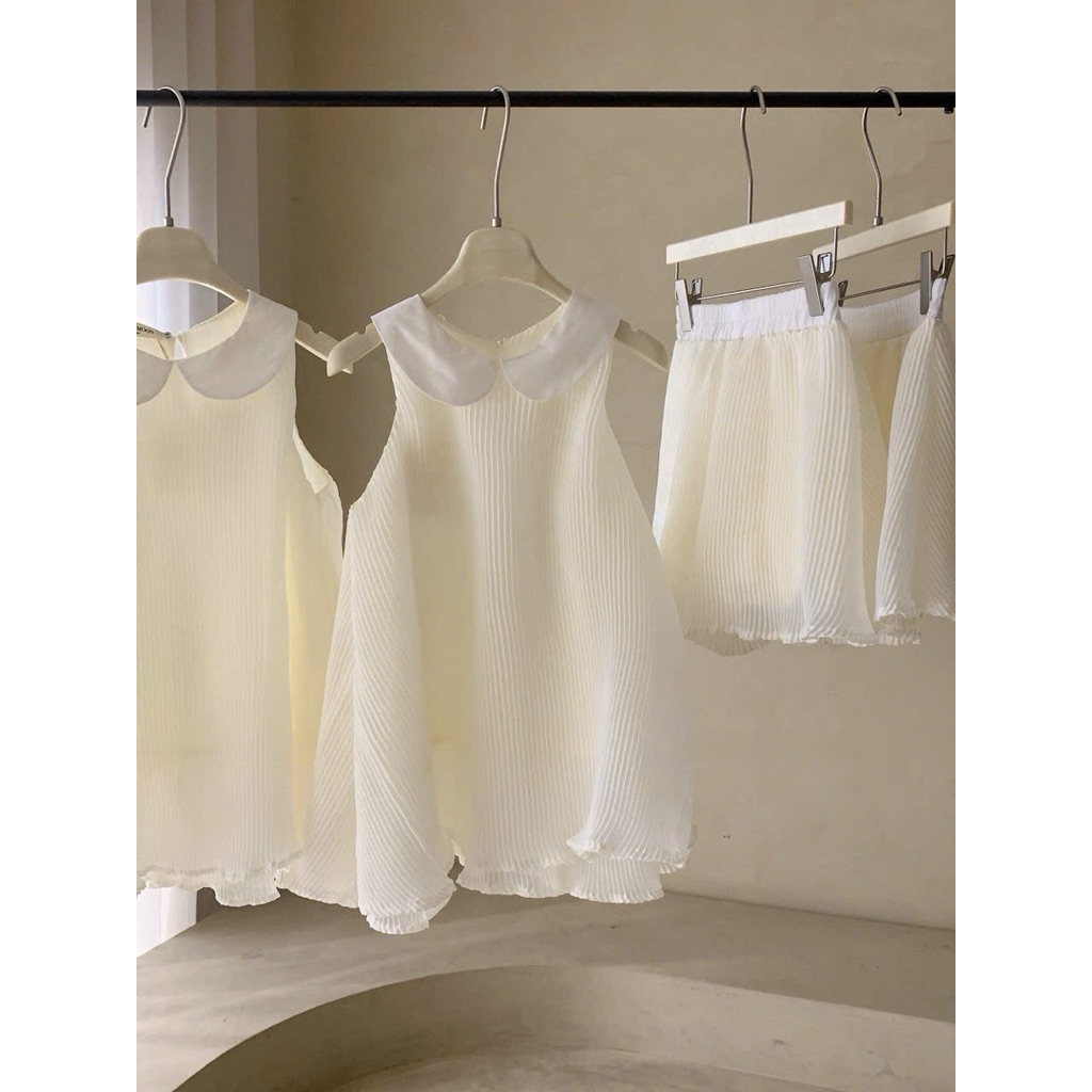 Set Áo babydoll cổ sen dập ly voan xoè kèm quần cao cấp , Set voan tơ tiểu thư màu kem trẻ trung mặc đi biển, đi cafe