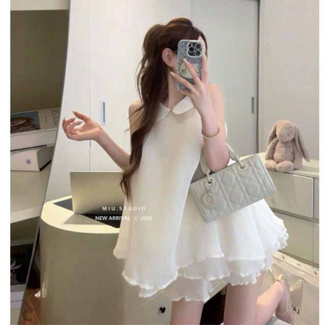 Set Áo babydoll cổ sen dập ly voan xoè kèm quần cao cấp , Set voan tơ tiểu thư màu kem trẻ trung mặc đi biển, đi cafe