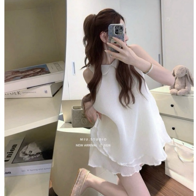 Set Áo babydoll cổ sen dập ly voan xoè kèm quần cao cấp , Set voan tơ tiểu thư màu kem trẻ trung mặc đi biển, đi cafe
