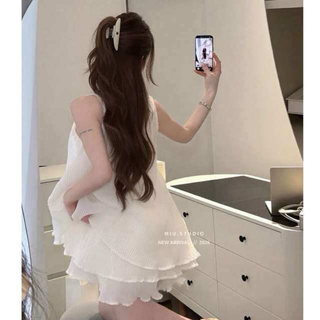 Set Áo babydoll cổ sen dập ly voan xoè kèm quần cao cấp , Set voan tơ tiểu thư màu kem trẻ trung mặc đi biển, đi cafe