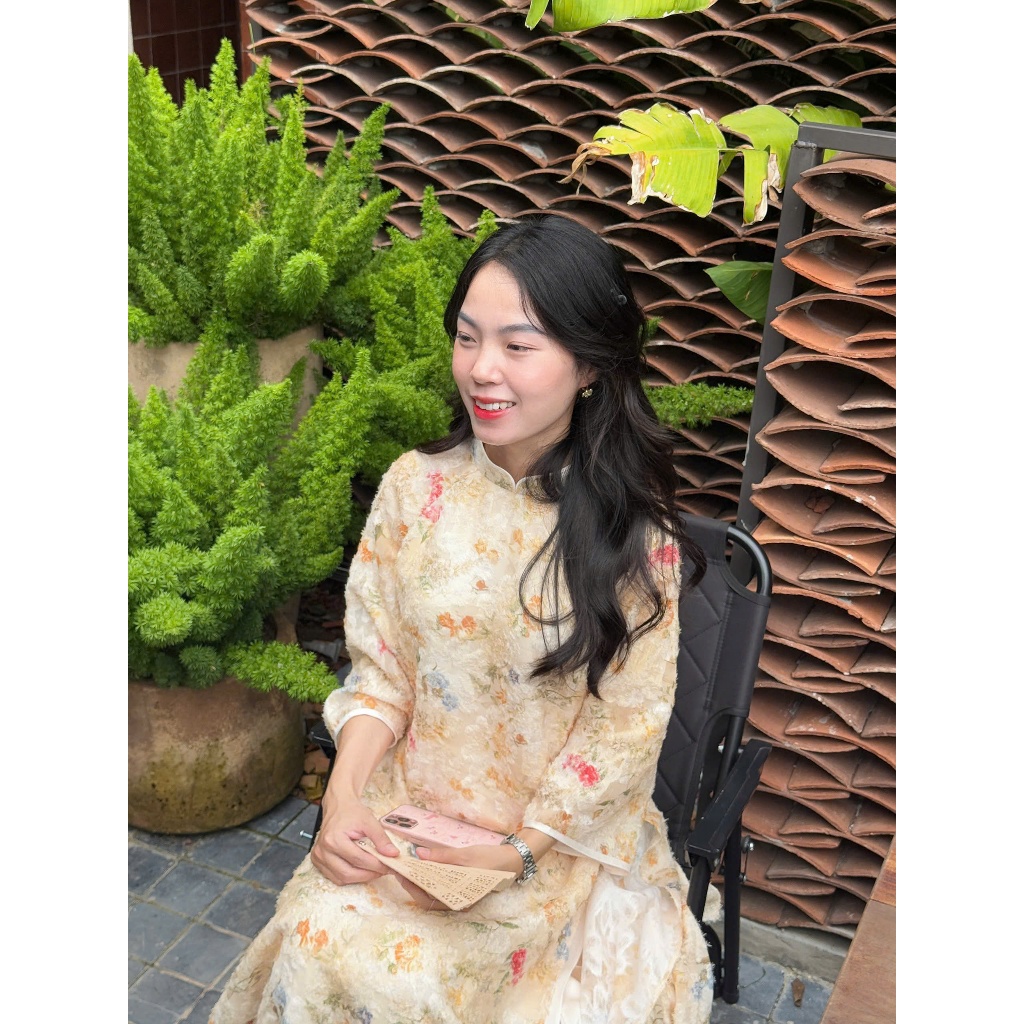 [Tặng quạt gỗ - BORECOLE] áo dài Hạ Miên, dáng suông 4 tà, tơ dệt lông, vàng gà non