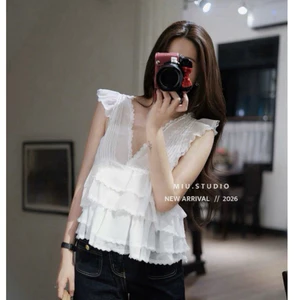 Áo kiểu nữ cổ V tay cánh tiên phối ren tầng cao cấp ,Áo babydoll voan tơ tầng bèo dáng xoè tiểu thư phù hợp cho mùa hè