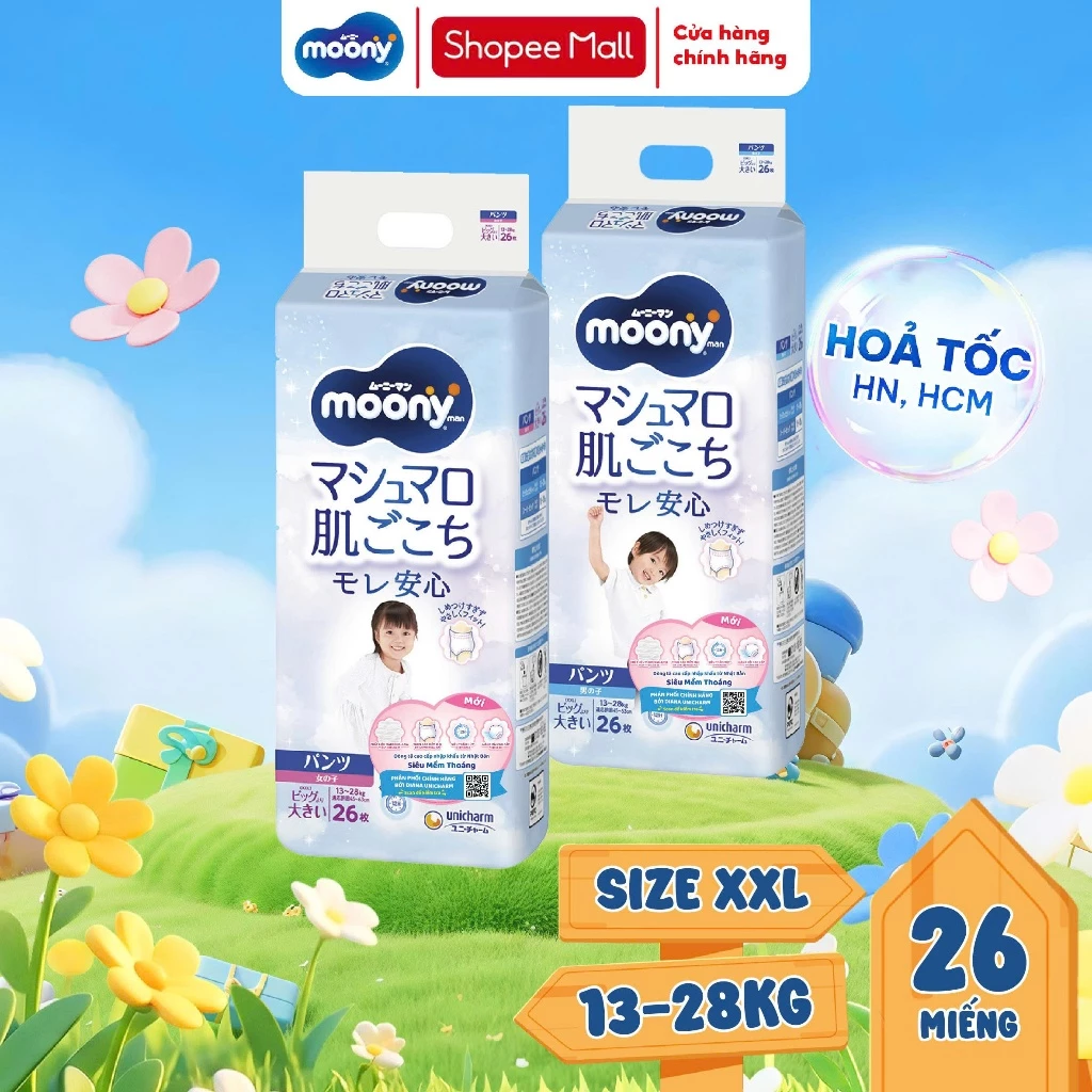 Tã quần Moony cao cấp Bé Gái Bé Trai L44/XL38/XXL26/XXXL14 - Nhập khẩu Nhật Bản
