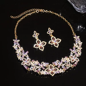 Bộ Trang Sức Zircon Sang Trọng Bông Tai Tiệc Cưới Đá Hồng Tím Sang Trọng