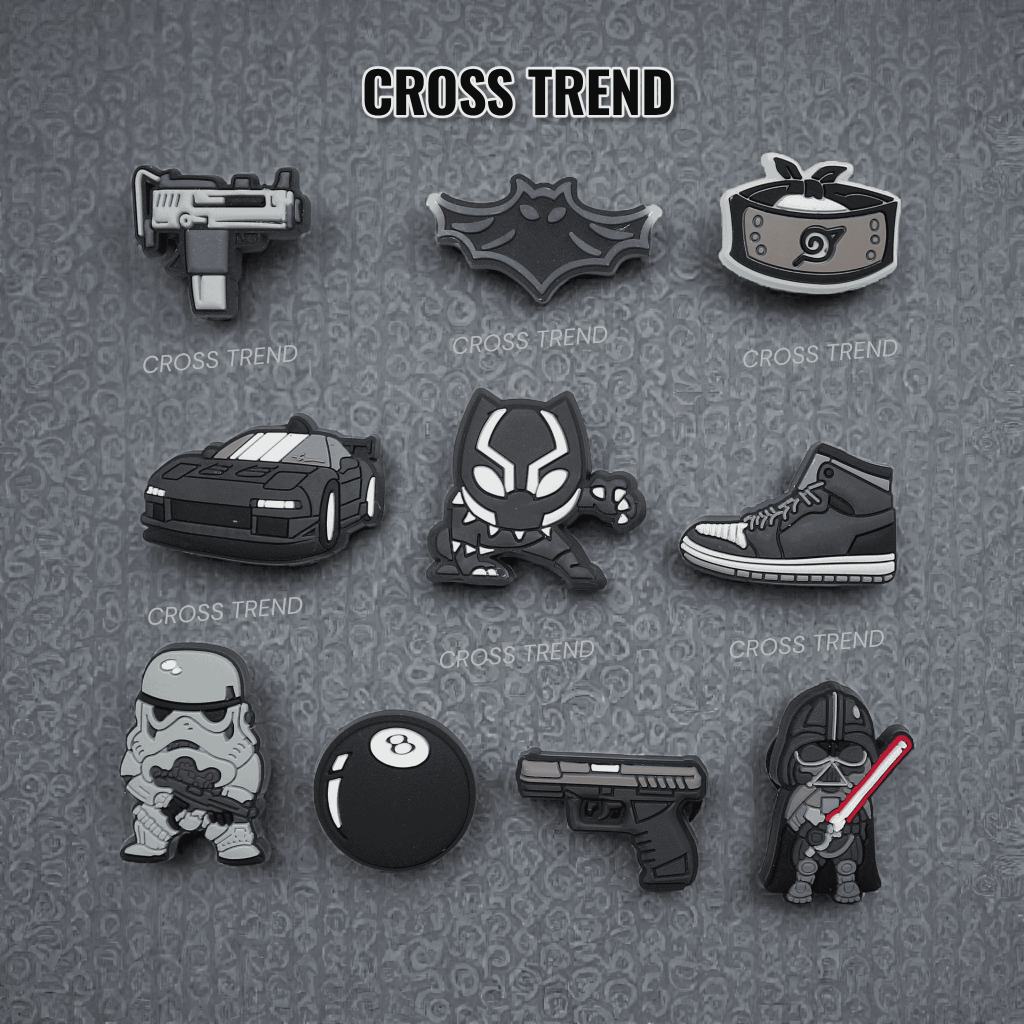 Set charm BLACK gắn dép cross, Nút gắn jibbitz sticker anime trang trí nhựa  PVC CROSS TREND