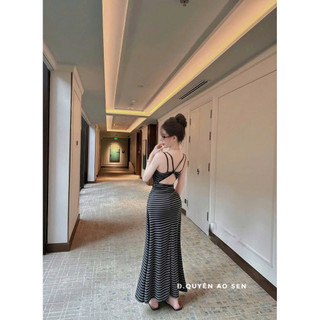 VÁY BA LỖ KẺ DÁNG DÀI KHOÉT LƯNG HOT HIT