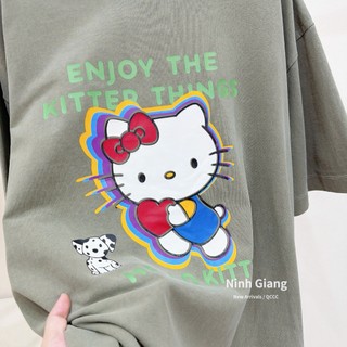 Áo Thun Nữ Kitty Rêu Mài Họa Tiết Form Rộng QCCC Cao Cấp