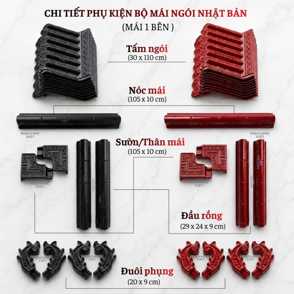 [30cm x 1m, 2m, 3m,...] Combo Mái ngói nhựa âm dương Đen + Đỏ, full phụ kiện