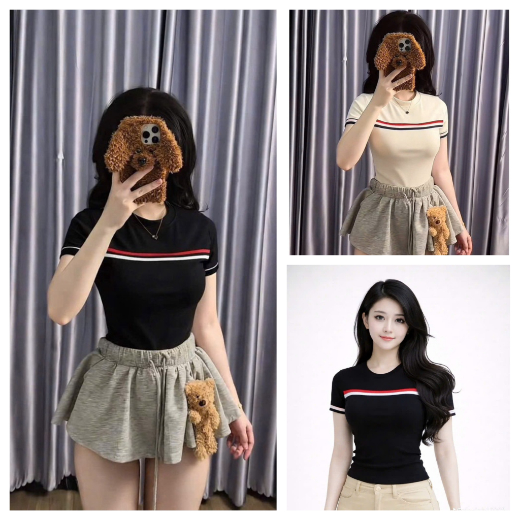 [ Combo 2 Màu Và Có Bán Lẻ ] Áo Thun Babytee Phối Sọc Trắng Đỏ Dáng Thể Thao Ôm Body Siêu Xinh