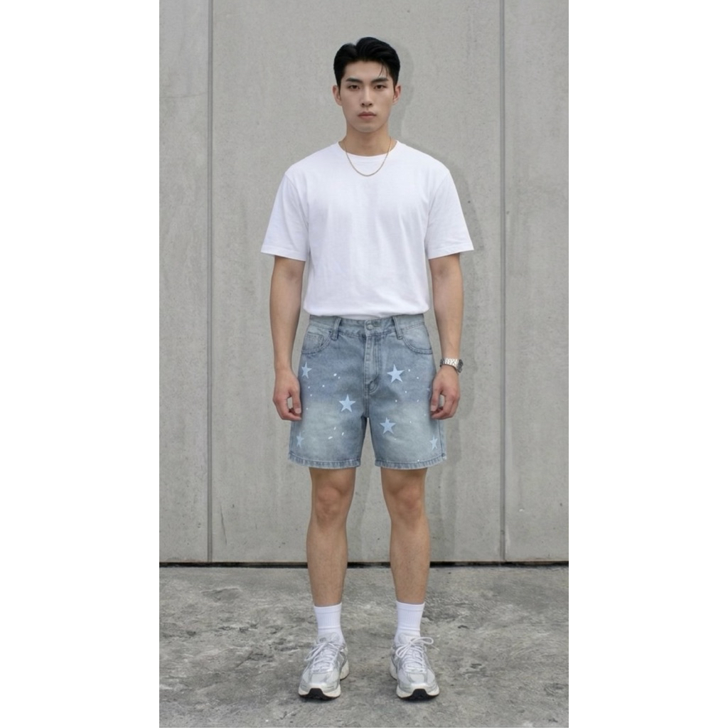 Quần Short Jean Thêu Ngôi Sao Unisex Form Trên Gối, Jean Cotton Denim 360GSM Dày Dặn, Local Brand TMT.STU | TMTD43