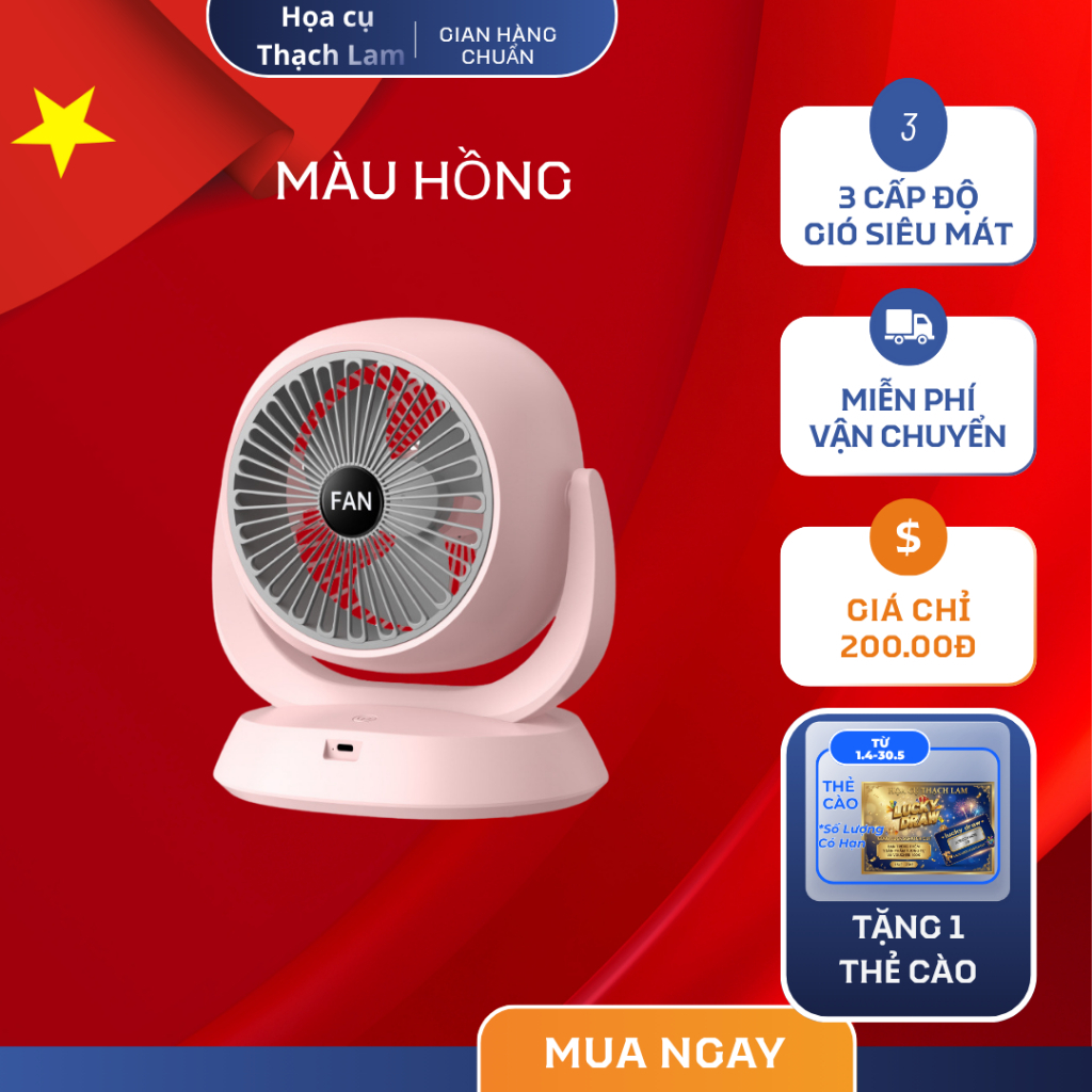 Quạt Tích Điện Để Bàn Mini 360 độ 3 Cấp Độ Gió, Pin Lithium Dung Lượng Lớn, Sạc Nhanh dây sặc type C
