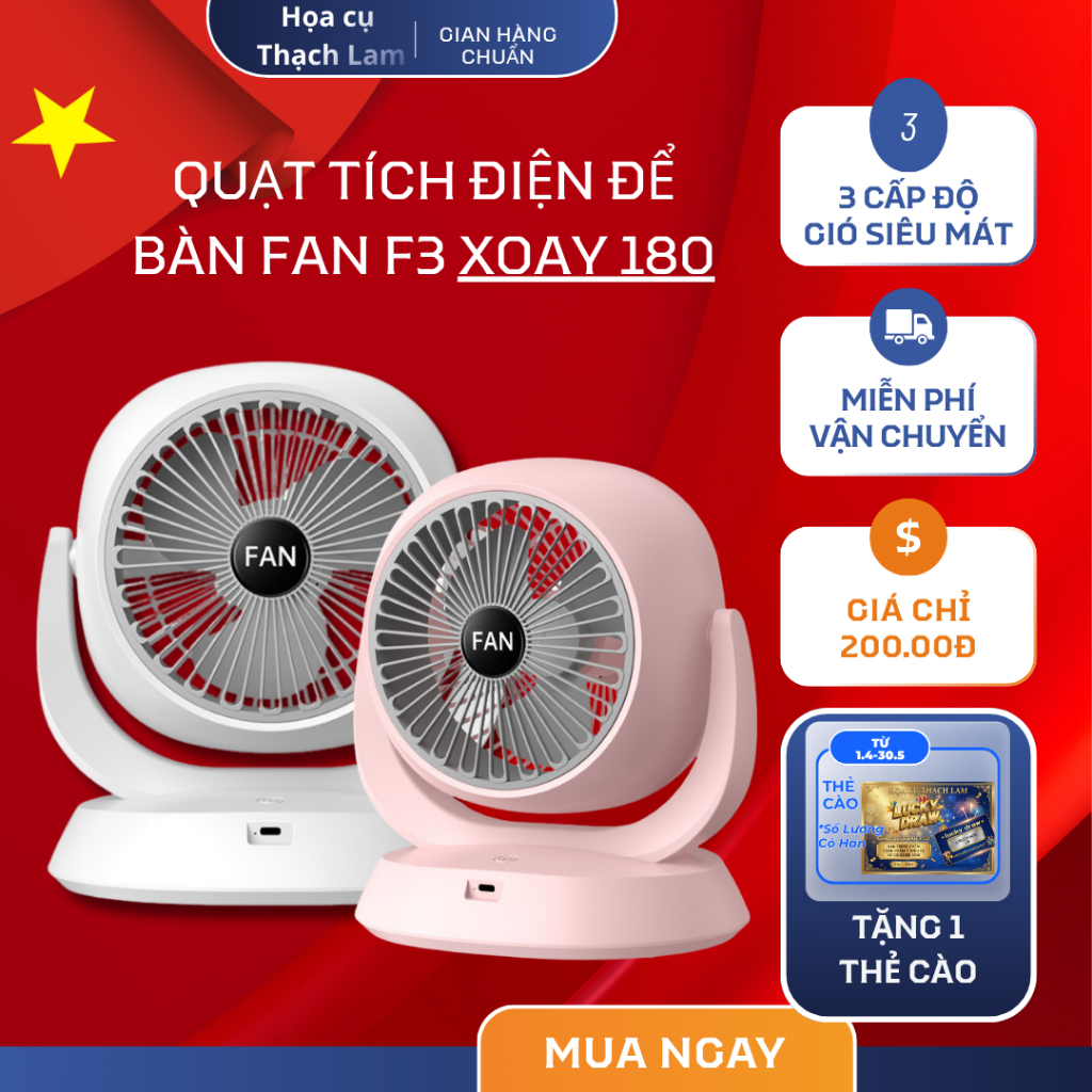 Quạt Tích Điện Để Bàn Mini 360 độ 3 Cấp Độ Gió, Pin Lithium Dung Lượng Lớn, Sạc Nhanh dây sặc type C