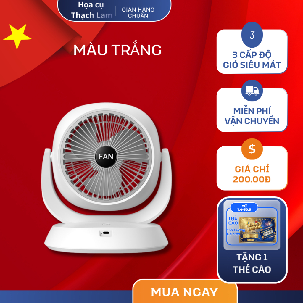 Quạt Tích Điện Để Bàn Mini 360 độ 3 Cấp Độ Gió, Pin Lithium Dung Lượng Lớn, Sạc Nhanh dây sặc type C