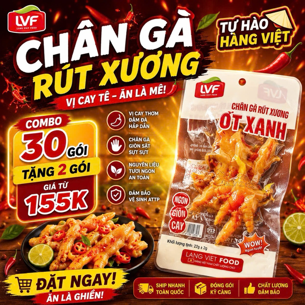 COMBO 30 Chân gà Rút xương ỚT Xanh 22g (Túi Trong màu Hồng)