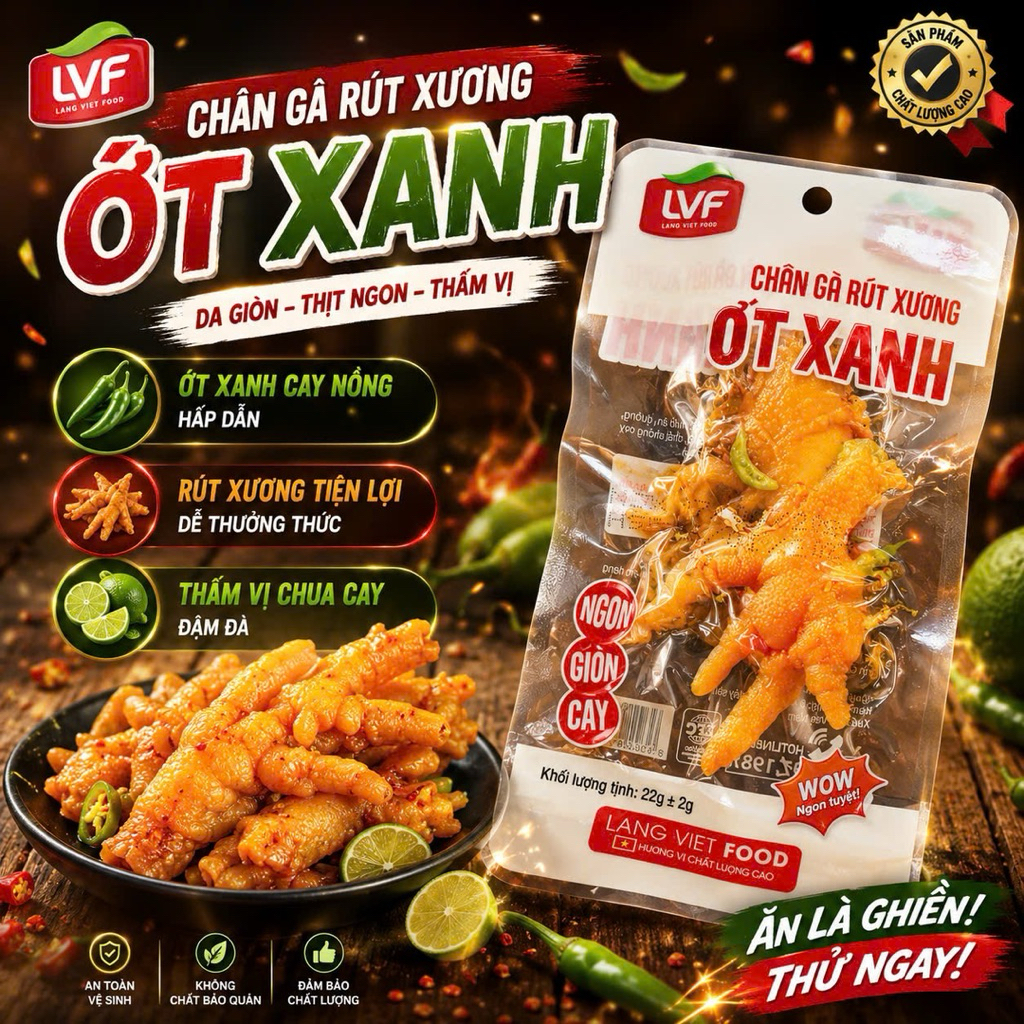 COMBO 30 Chân gà Rút xương ỚT Xanh 22g (Túi Trong màu Hồng)
