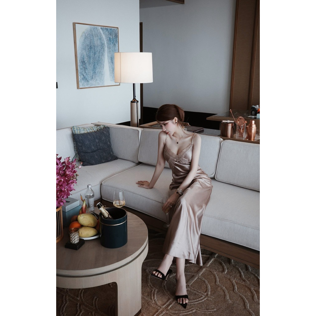 Đầm 2 dây lụa viền ren Mai Phương Bùi