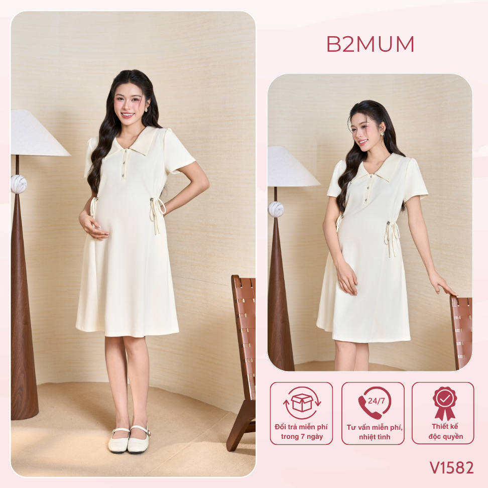 Đầm Bầu Suông Cổ Sen Chất Cotton Mềm Co Giãn, Dây Rút Eo Điều Chỉnh, Váy Bầu Đi Làm, Đi Chơi Veluna Dress V1582 By B2MUM