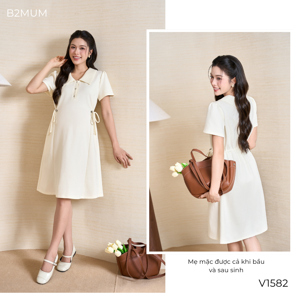 Đầm Bầu Suông Cổ Sen Chất Cotton Mềm Co Giãn, Dây Rút Eo Điều Chỉnh, Váy Bầu Đi Làm, Đi Chơi Veluna Dress V1582 By B2MUM