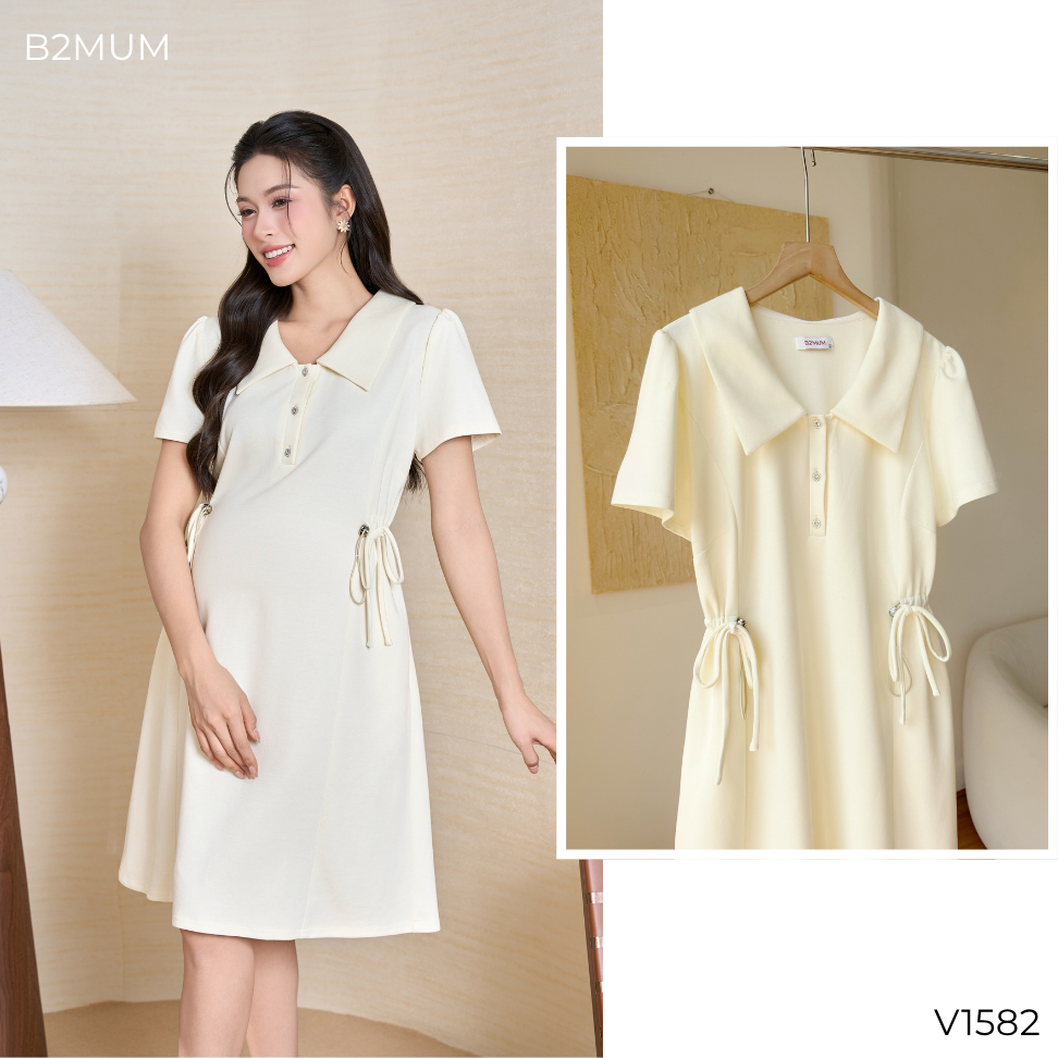 Đầm Bầu Suông Cổ Sen Chất Cotton Mềm Co Giãn, Dây Rút Eo Điều Chỉnh, Váy Bầu Đi Làm, Đi Chơi Veluna Dress V1582 By B2MUM