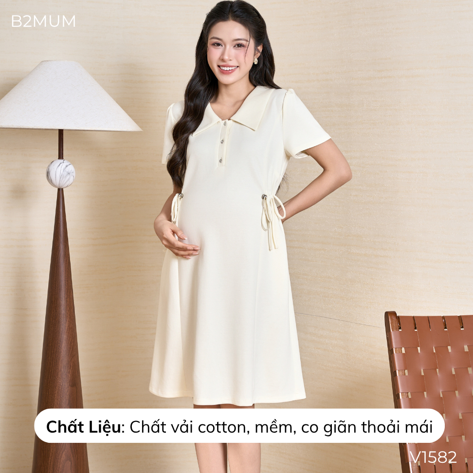 Đầm Bầu Suông Cổ Sen Chất Cotton Mềm Co Giãn, Dây Rút Eo Điều Chỉnh, Váy Bầu Đi Làm, Đi Chơi Veluna Dress V1582 By B2MUM