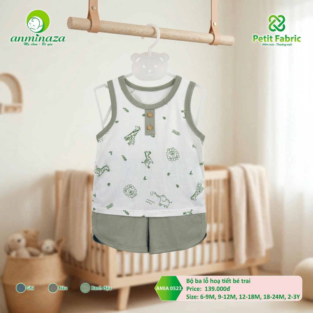 Bộ ba lỗ Bé Trai Anminaza Hoạt Tiết Dễ Thương Vải Petit Mềm Mịn Thoáng Mát - Hàng Chính Hãng AMI0523
