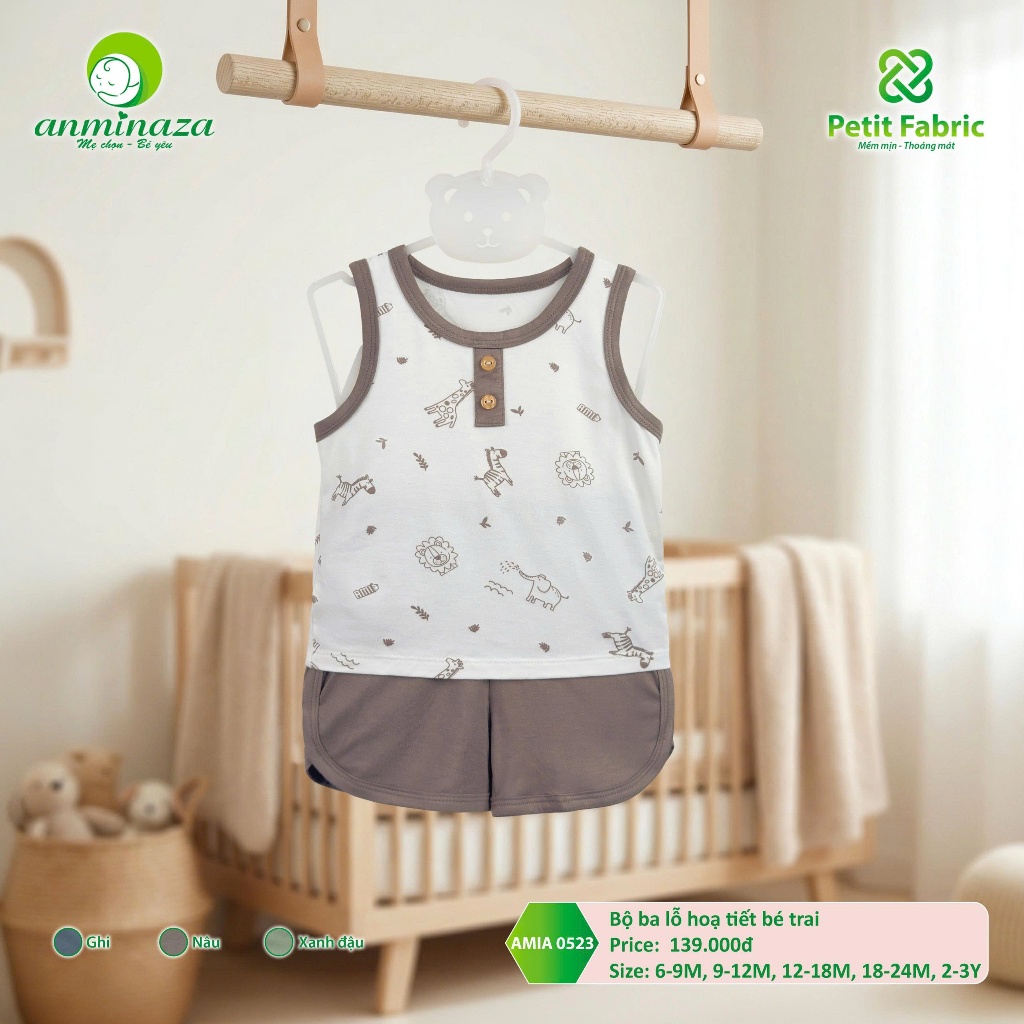 Bộ ba lỗ Bé Trai Anminaza Hoạt Tiết Dễ Thương Vải Petit Mềm Mịn Thoáng Mát - Hàng Chính Hãng AMI0523