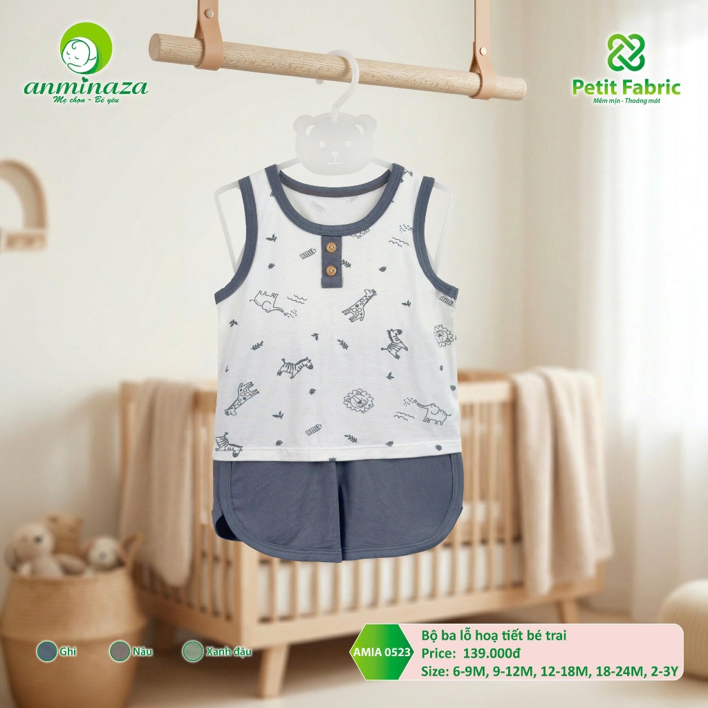 Bộ ba lỗ Bé Trai Anminaza Hoạt Tiết Dễ Thương Vải Petit Mềm Mịn Thoáng Mát - Hàng Chính Hãng AMI0523
