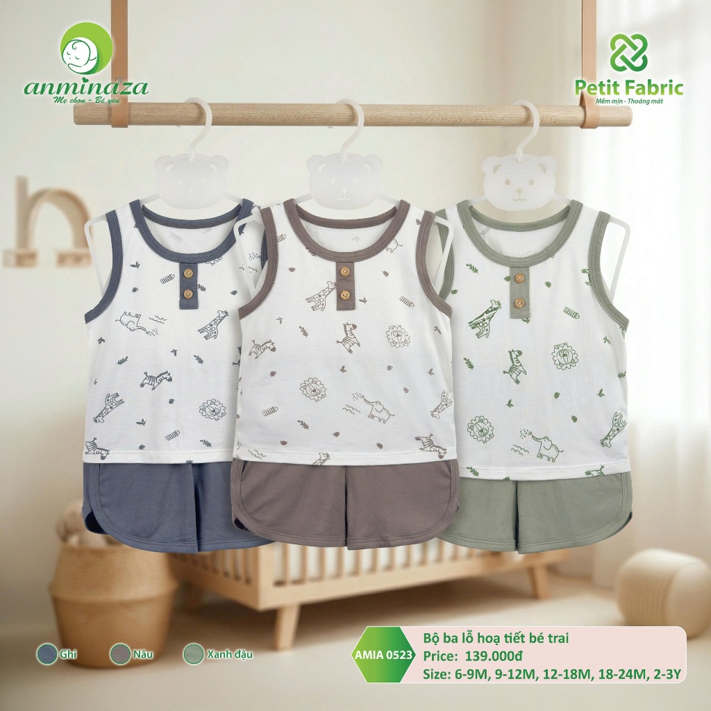 Bộ ba lỗ Bé Trai Anminaza Hoạt Tiết Dễ Thương Vải Petit Mềm Mịn Thoáng Mát - Hàng Chính Hãng AMI0523